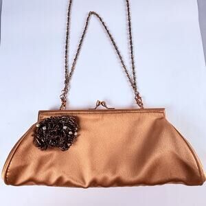 Vintage Carlo Fellini Bronze Satin Beaded Evening Clutch Purse Kiss Lock Bag
